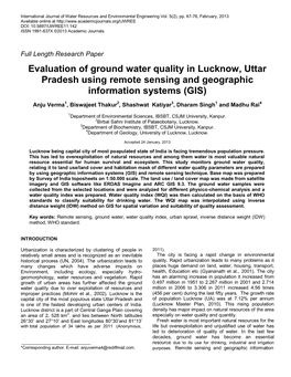 Evaluation of Ground Water Quality in Lucknow, Uttar Pradesh Using Remote Sensing and Geographic Information Systems (GIS)