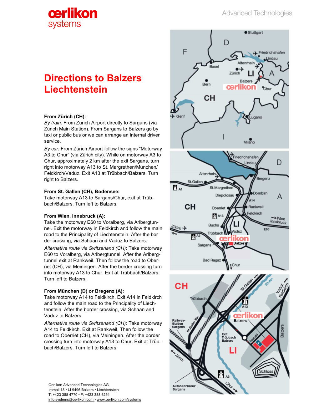 Directions to Balzers Liechtenstein