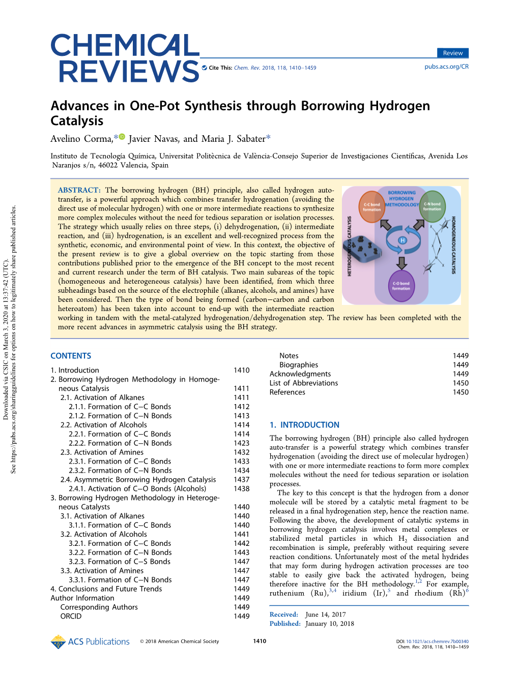 Advances in One-Pot Synthesis Through Borrowing Hydrogen Catalysis Avelino Corma,* Javier Navas, and Maria J