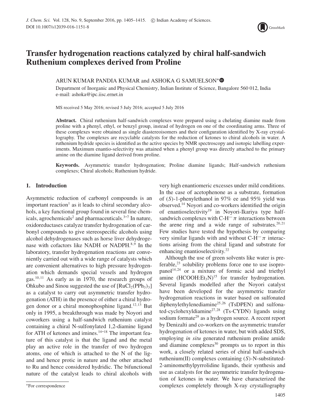 Transfer Hydrogenation Reactions Catalyzed by Chiral Half-Sandwich Ruthenium Complexes Derived from Proline