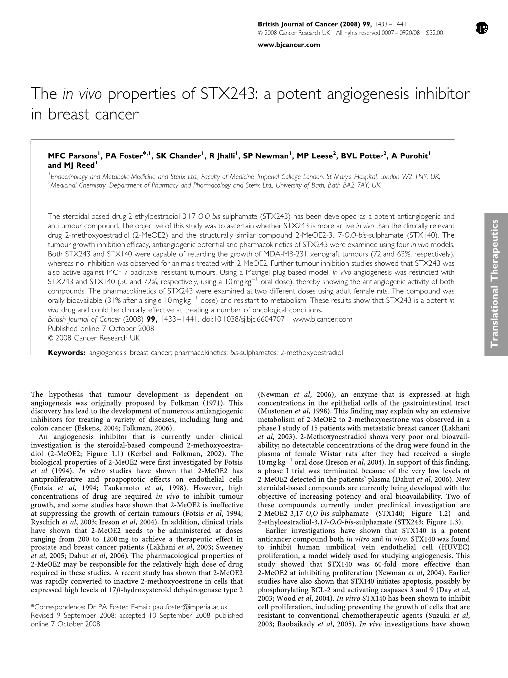 The in Vivo Properties of STX243: a Potent Angiogenesis Inhibitor in Breast Cancer