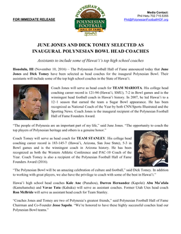June Jones and Dick Tomey Selected As Inaugural Polynesian Bowl Head Coaches