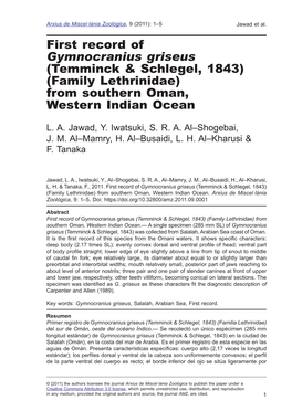 First Record of Gymnocranius Griseus (Temminck & Schlegel, 1843) (Family Lethrinidae) from Southern Oman, Western Indian Ocean