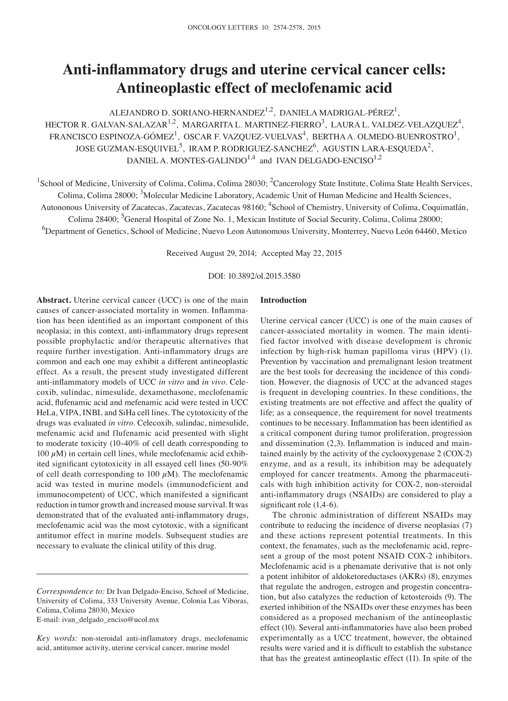 Anti‑Inflammatory Drugs and Uterine Cervical Cancer Cells: Antineoplastic Effect of Meclofenamic Acid