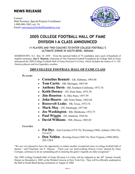 2005 College Football Hall of Fame Division I-A Class Announced