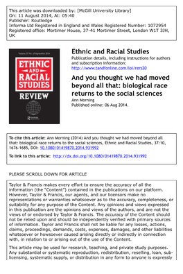 And You Thought We Had Moved Beyond All That: Biological Race Returns to the Social Sciences Ann Morning Published Online: 06 Aug 2014