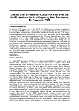 Offener Brief Der Berliner Künstler Mit Der Bitte Um Die Rücknahme Der Ausbürgerung Wolf Biermanns, 17. November 1976