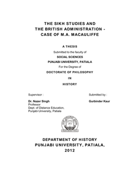 The Sikh Studies and the British Administration - Case of M.A