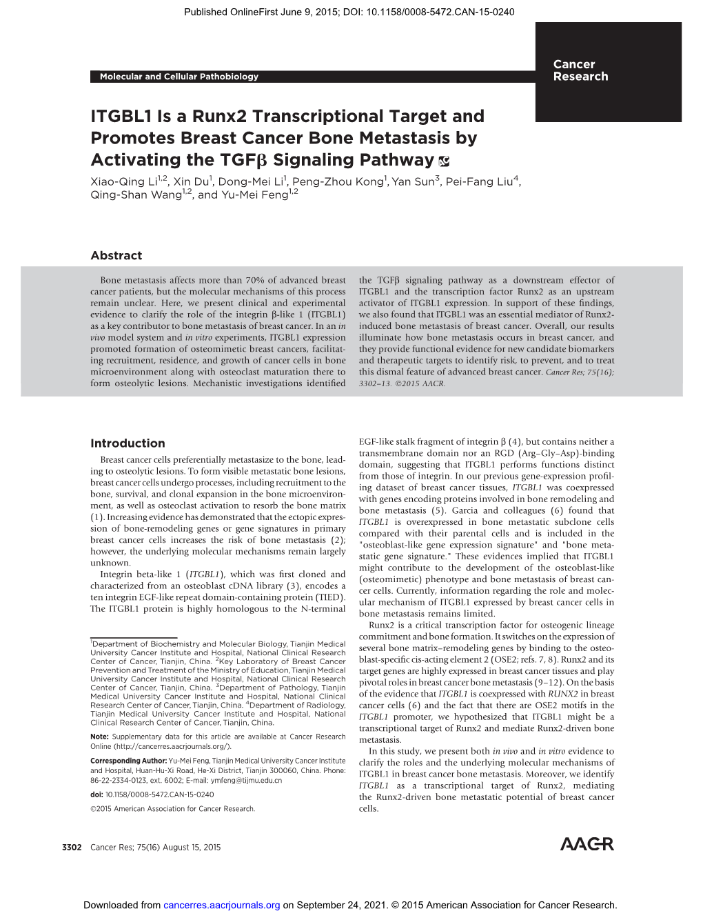 ITGBL1 Is a Runx2 Transcriptional Target and Promotes Breast Cancer