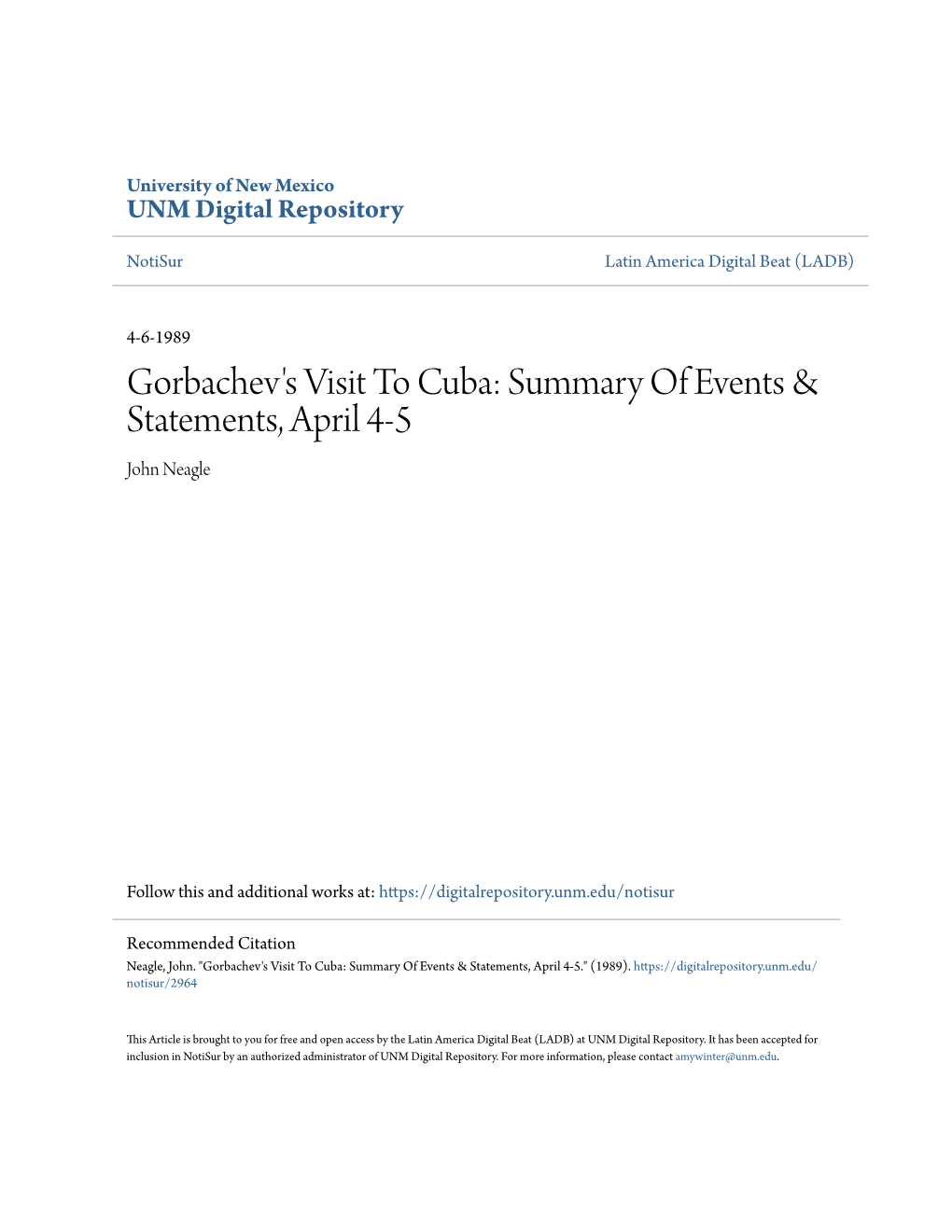 Gorbachev's Visit to Cuba: Summary of Events & Statements, April 4-5 John Neagle