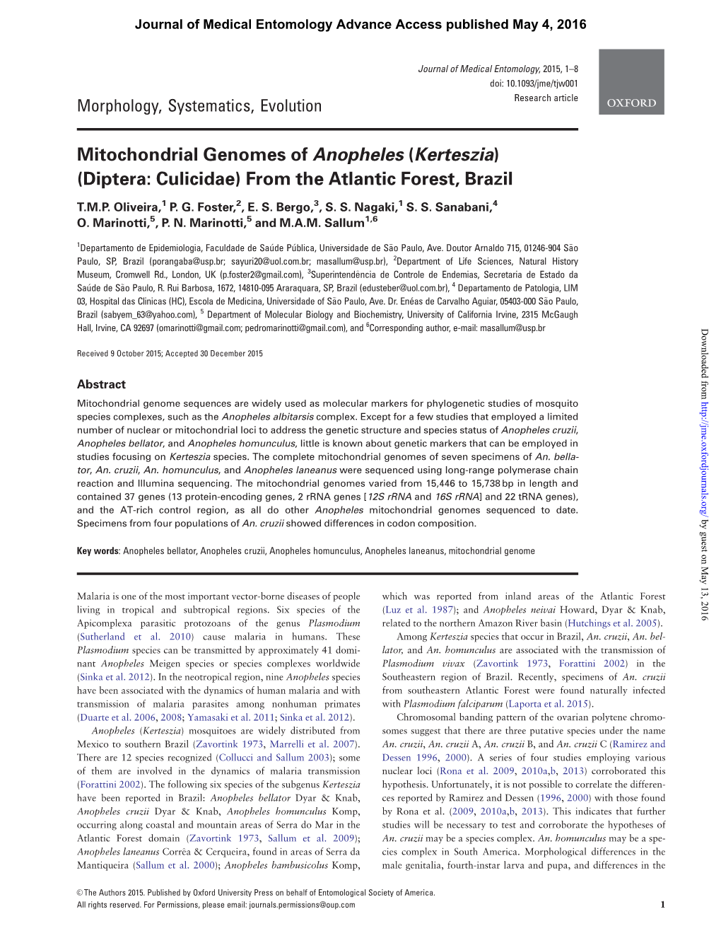 Mitochondrial Genomes of Anopheles (Kerteszia) (Diptera: Culicidae) from the Atlantic Forest, Brazil