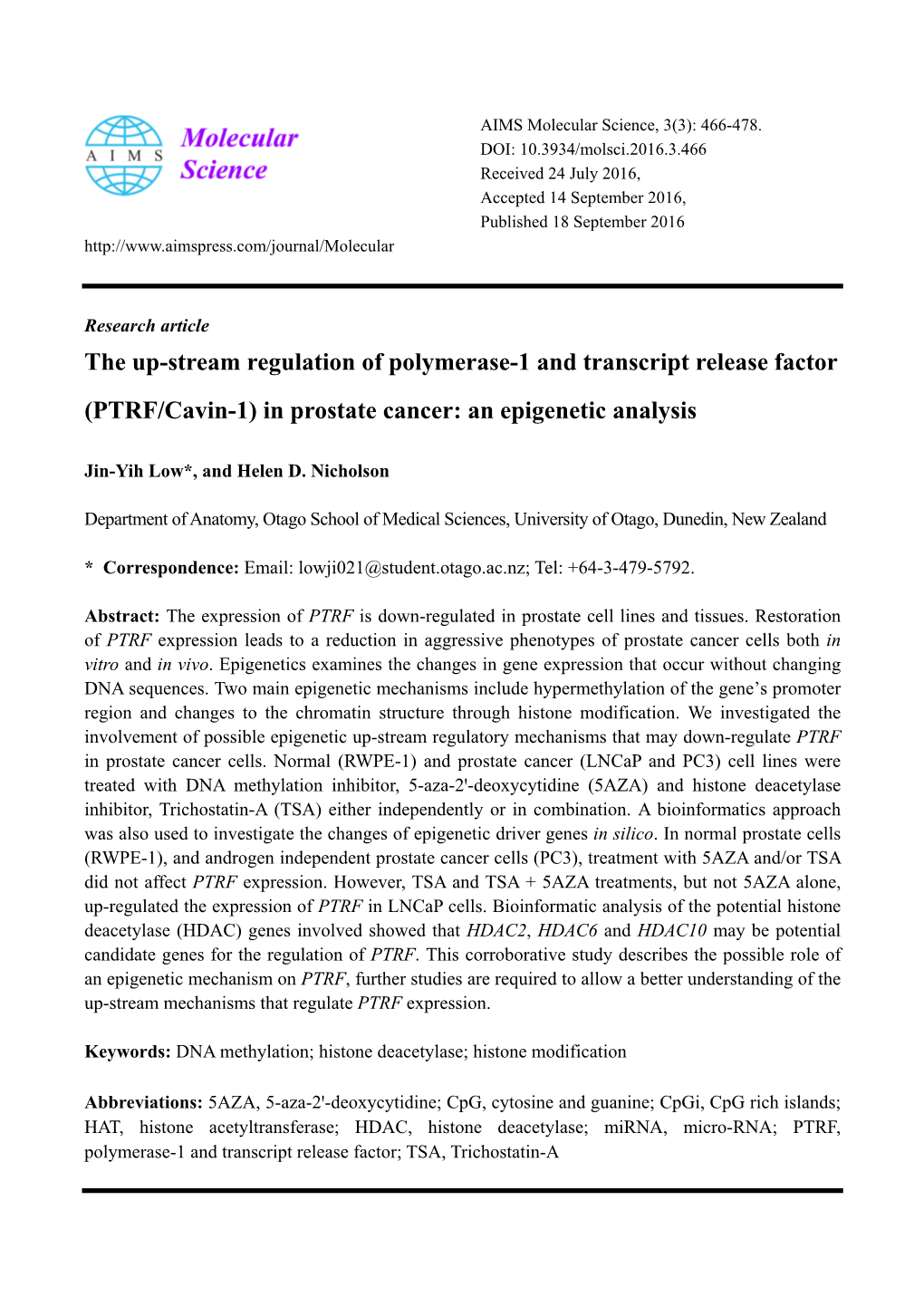 The Up-Stream Regulation of Polymerase-1 and Transcript Release Factor (PTRF/Cavin-1) in Prostate Cancer: an Epigenetic Analysis