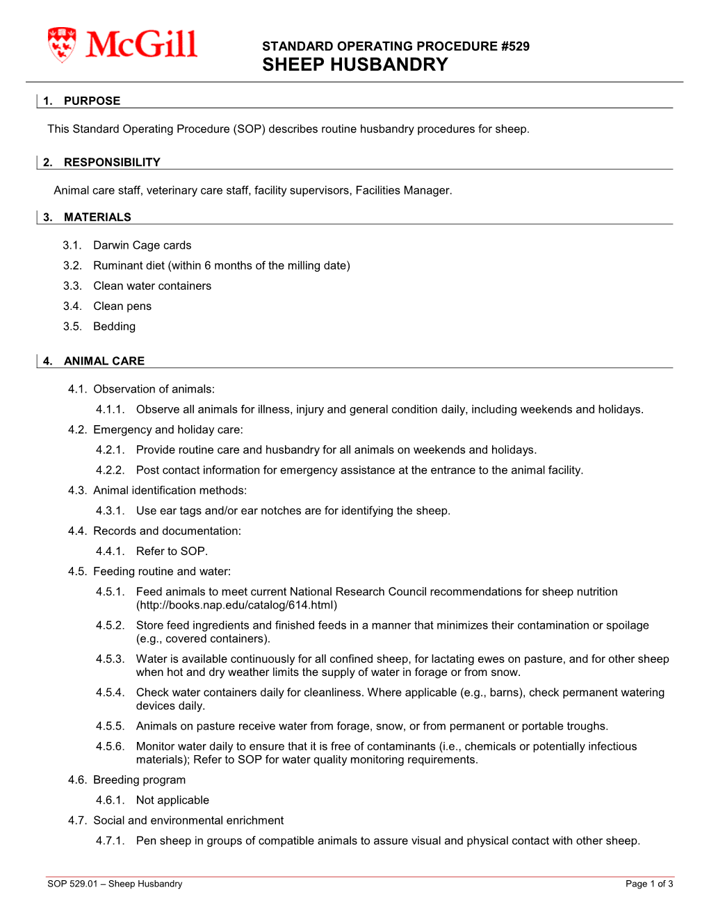 SOP) Describes Routine Husbandry Procedures for Sheep