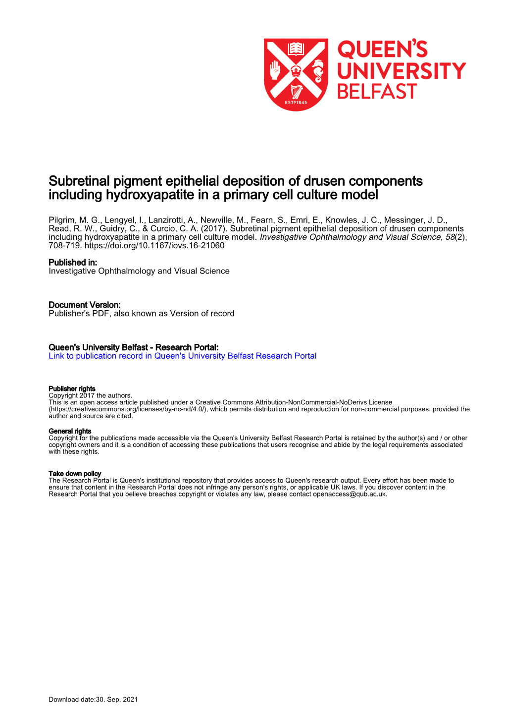 Subretinal Pigment Epithelial Deposition of Drusen Components Including Hydroxyapatite in a Primary Cell Culture Model