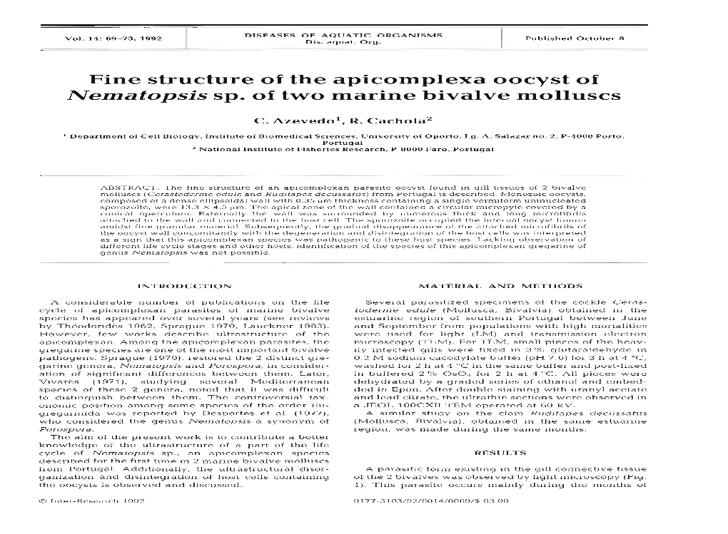 Fine Structure of the Apicomplexa Oocyst of Nematopsis Sp. of Two Marine Bivalve Molluscs