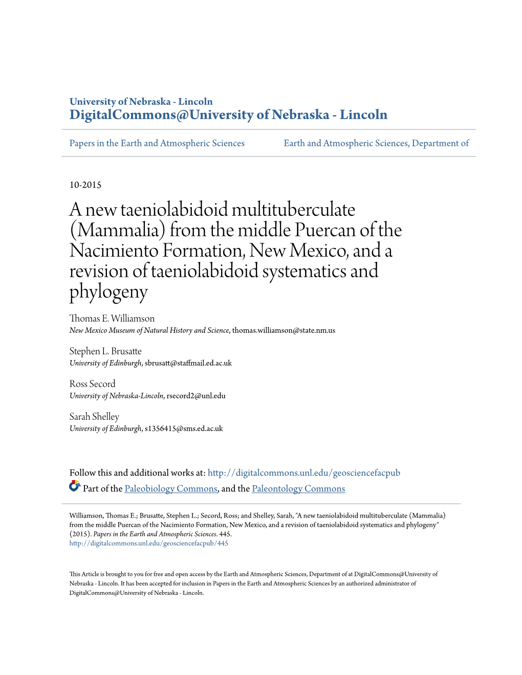 A New Taeniolabidoid Multituberculate (Mammalia)