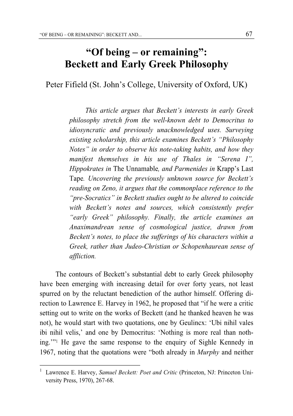 “Of Being – Or Remaining”: Beckett And... Early Greek Philosophy