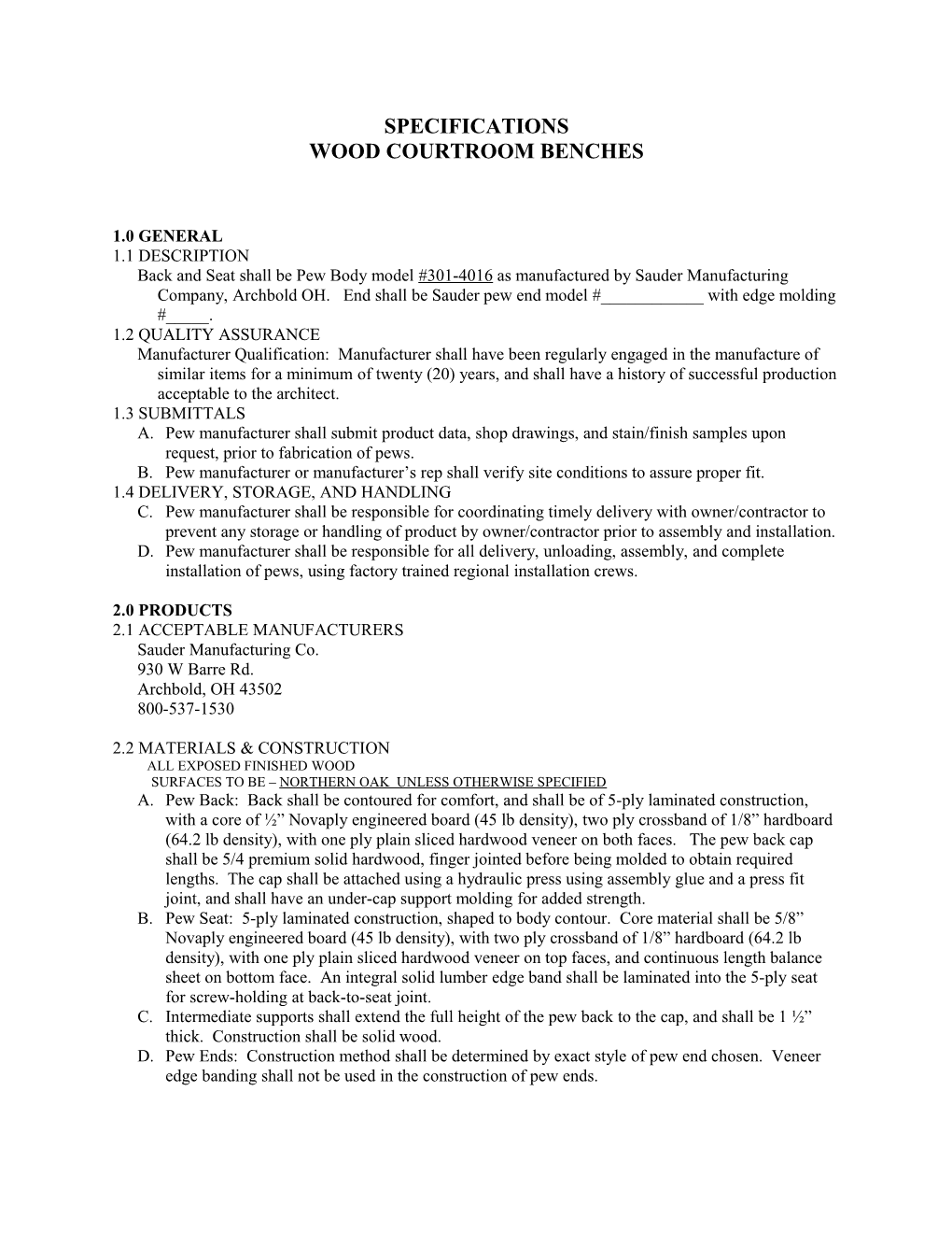 Sauder Pew Specifications - 301-6726