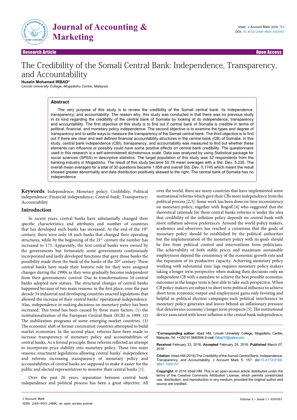 The Credibility of the Somali Central Bank