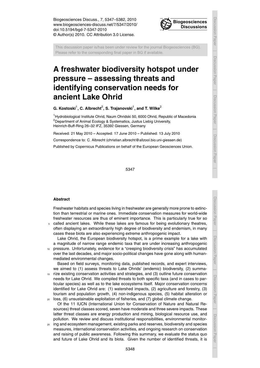 A Freshwater Biodiversity Hotspot Under Pressure – Assessing Threats and Identifying Conservation Needs for Ancient Lake Ohrid G