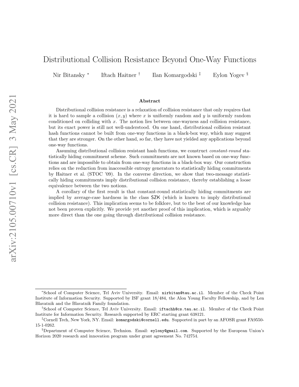 Distributional Collision Resistance Beyond One-Way Functions