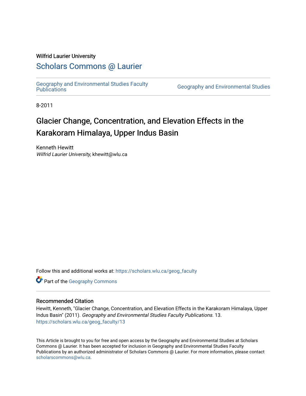 Glacier Change, Concentration, and Elevation Effects in the Karakoram Himalaya, Upper Indus Basin