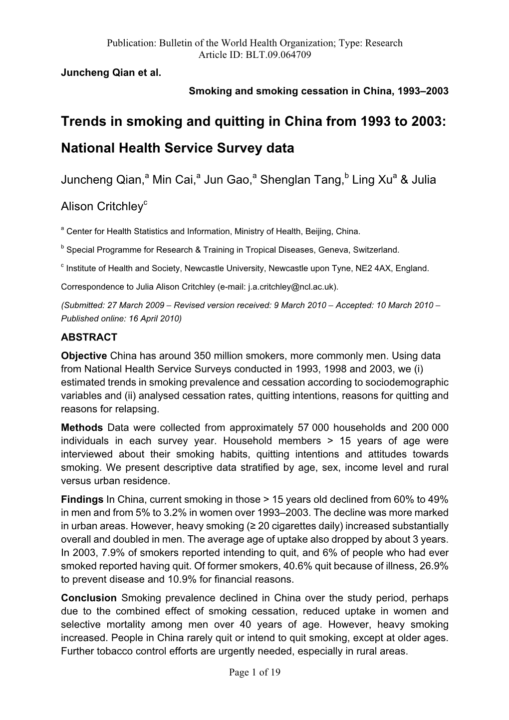 Trends in Smoking and Quitting in China from 1993 to 2003: National Health Service Survey Data