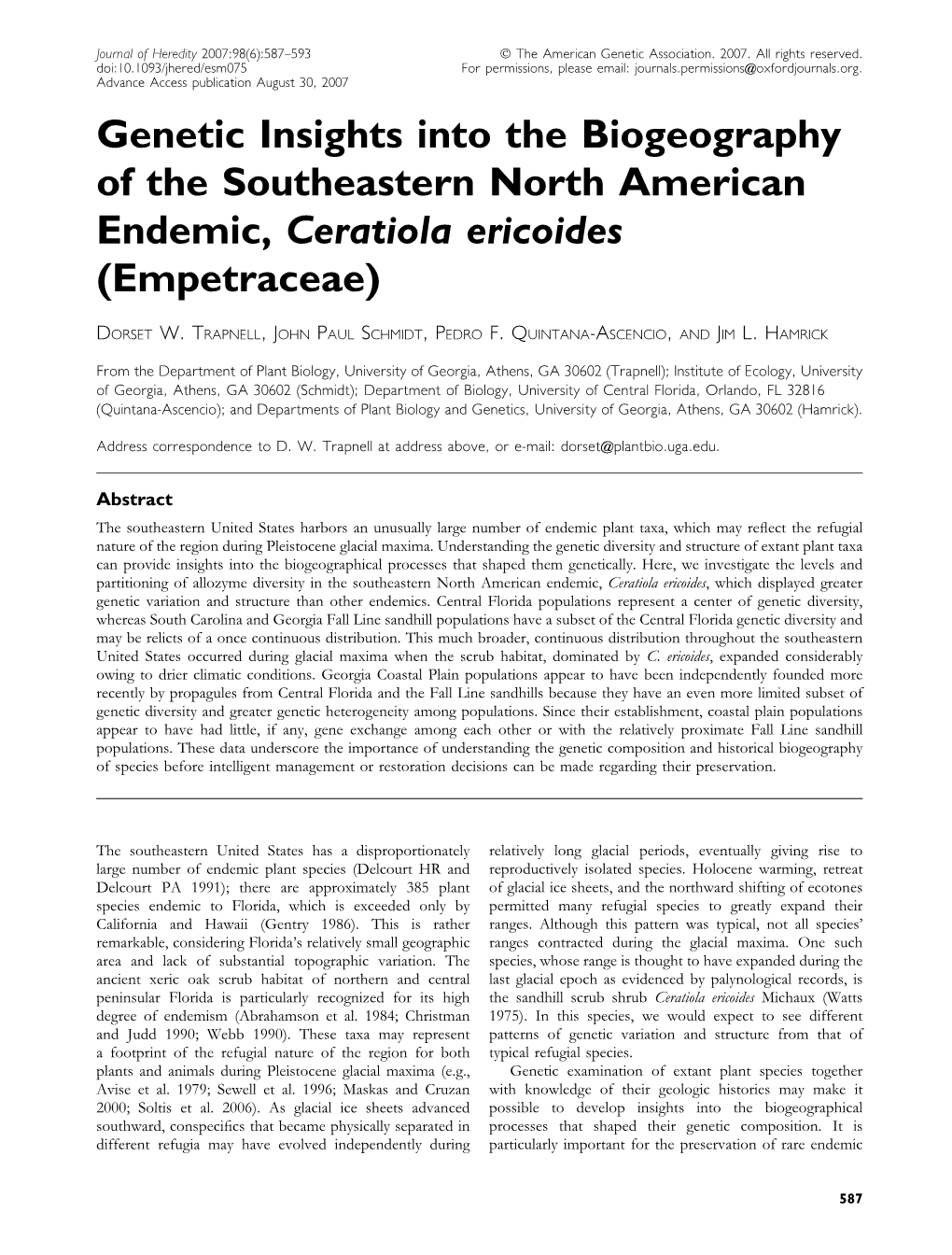 Genetic Insights Into the Biogeography of the Southeastern North American Endemic, Ceratiola Ericoides (Empetraceae)