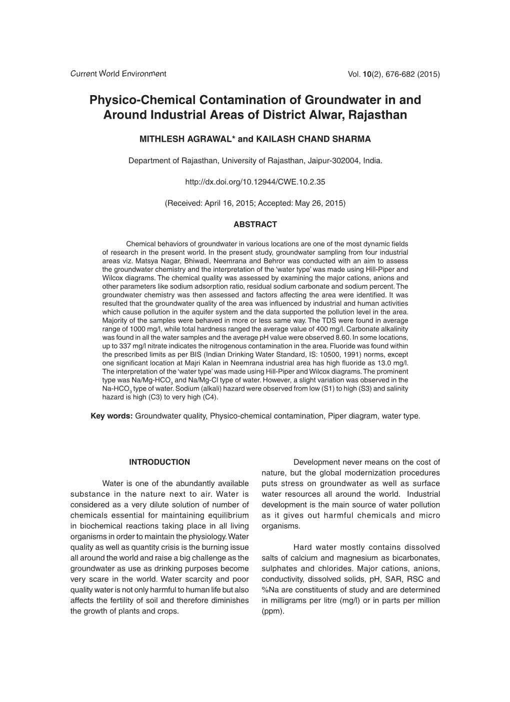 Physico-Chemical Contamination of Groundwater in and Around Industrial Areas of District Alwar, Rajasthan