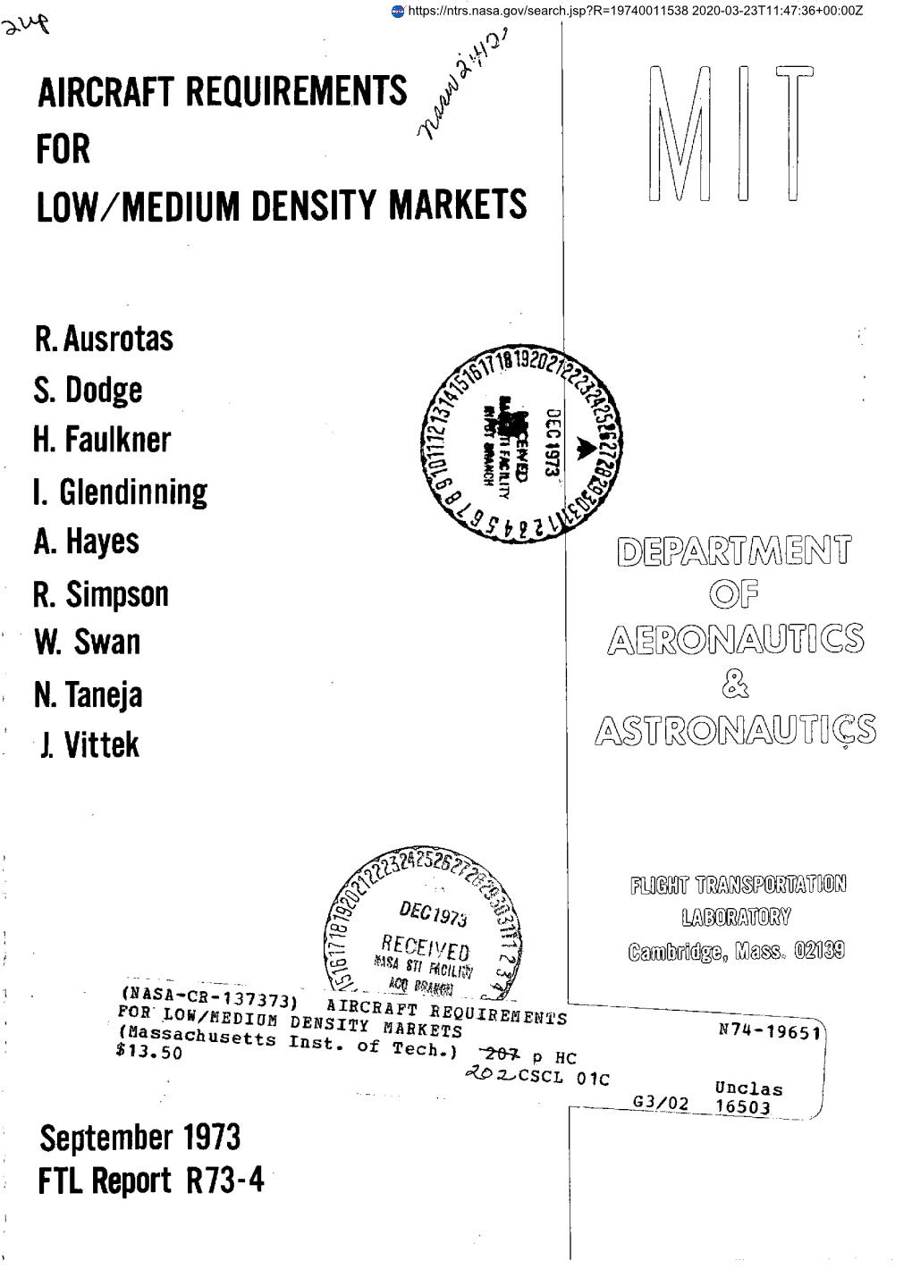 Aircraft Requirements F for Low/Medium Density Markets