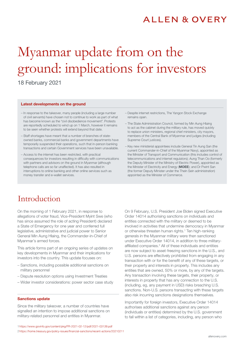 Myanmar Update from on the Ground: Implications for Investors 18 February 2021