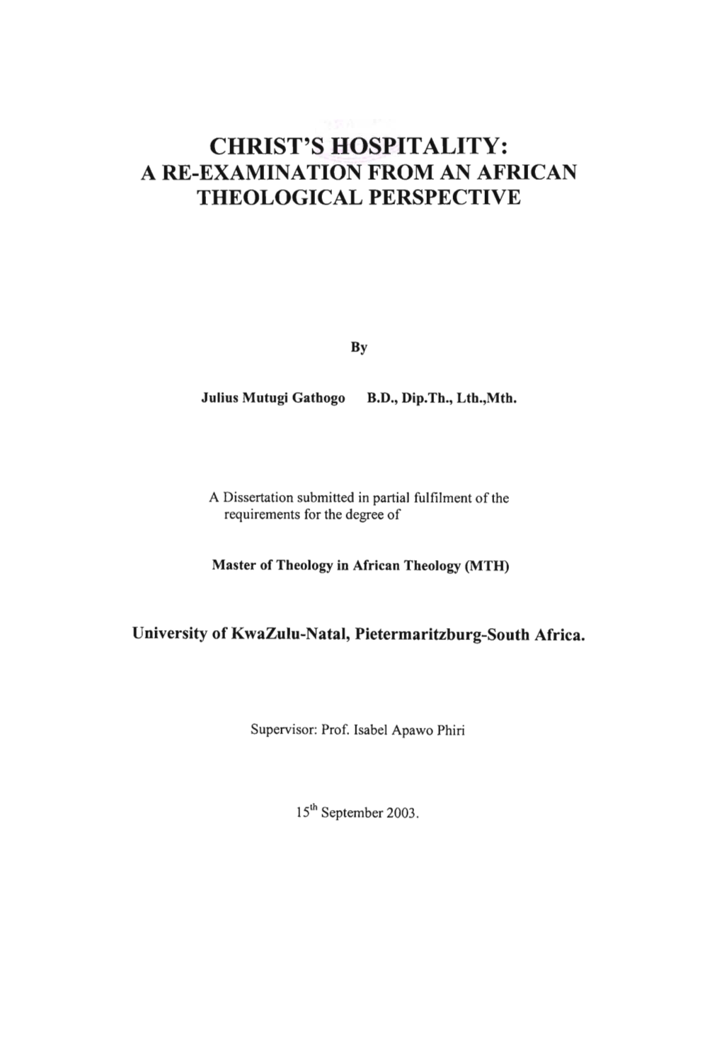 Christ's Hospitality: a Re-Examination from an African Theological Perspective