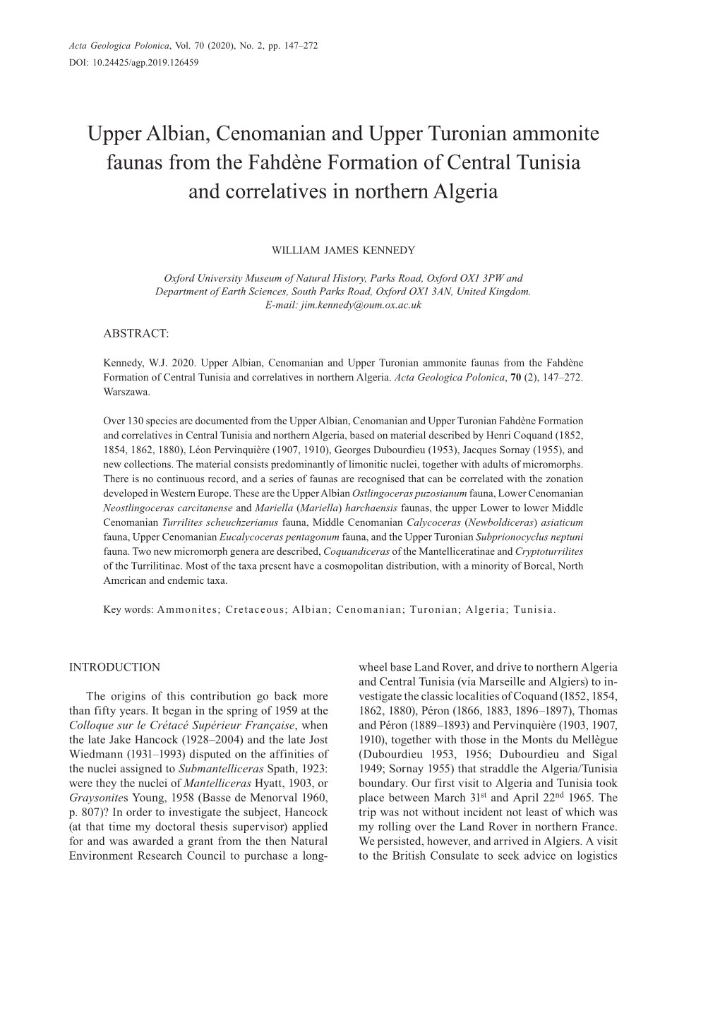 Upper Albian, Cenomanian and Upper Turonian Ammonite Faunas from the Fahdène Formation of Central Tunisia and Correlatives in Northern Algeria