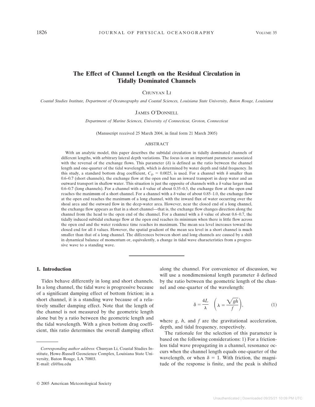 The Effect of Channel Length on the Residual Circulation in Tidally Dominated Channels