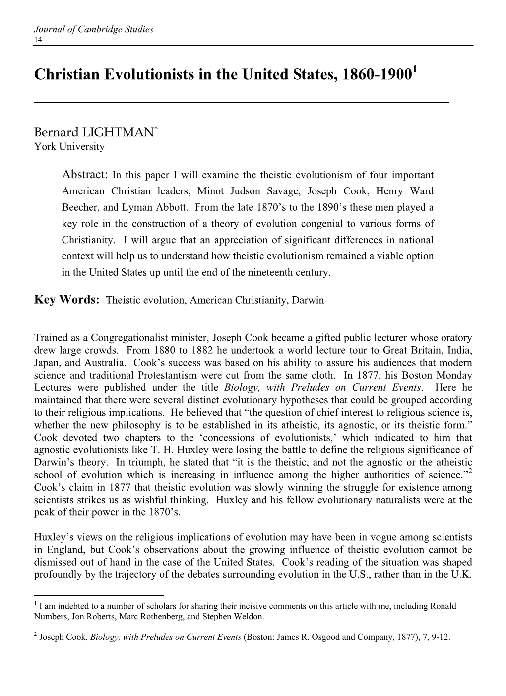 Christian Evolutionists in the United States, 1860-1900