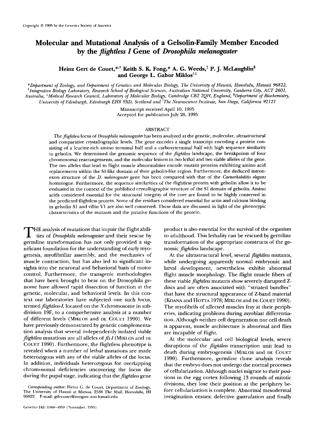 Molecular and Mutational Analysis of a Gelsolin-Family Member Encoded by the Flightless I Gene of Drosophila Melanogaster