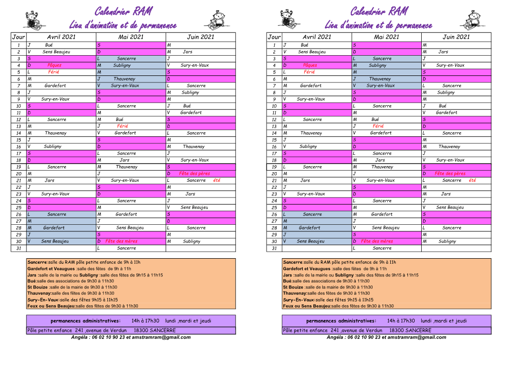 Planning Avril Mai-Juin 2021