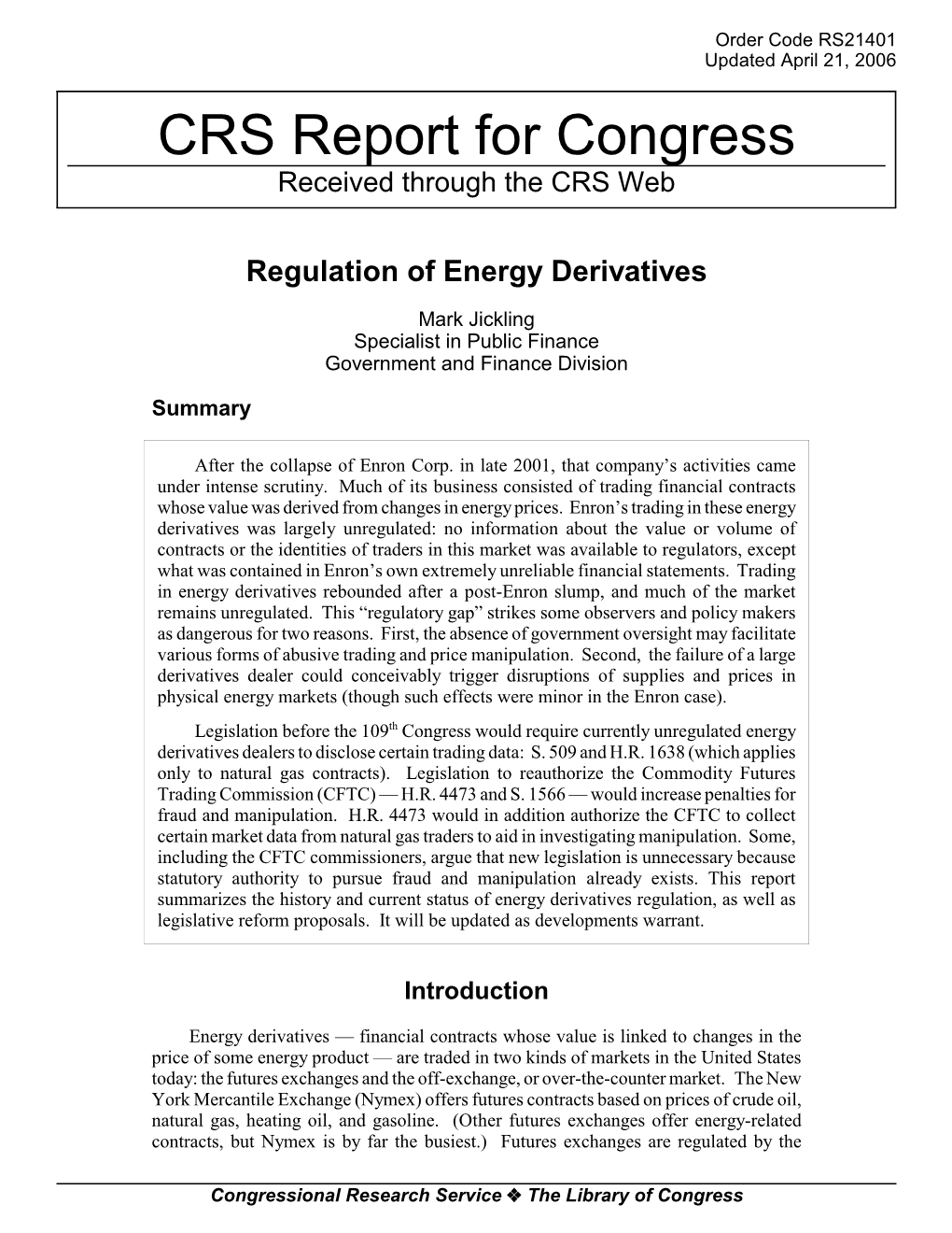 Regulation of Energy Derivatives