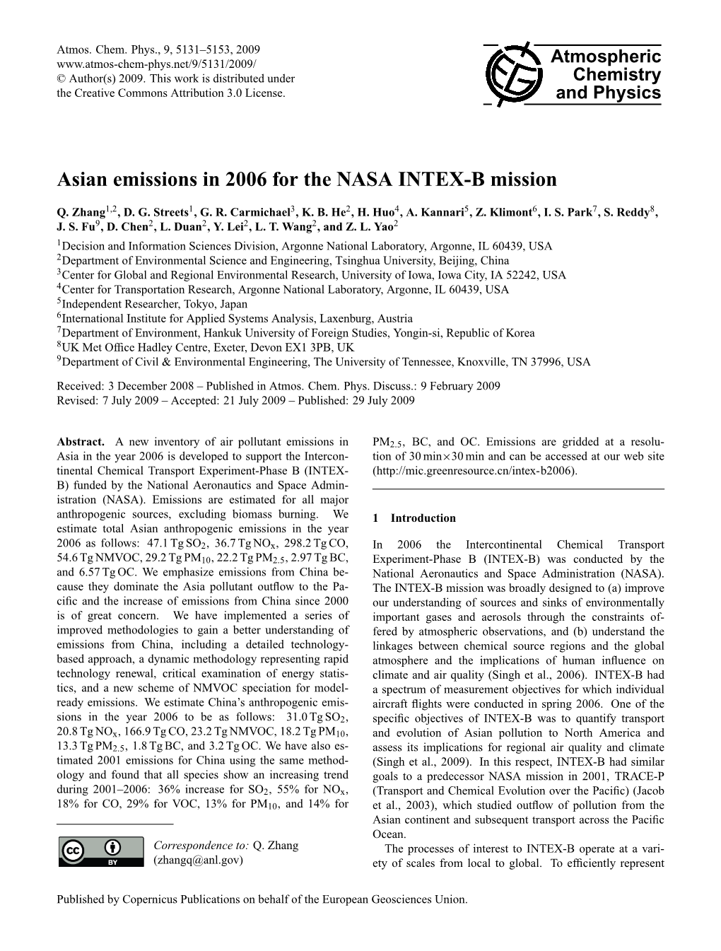 Asian Emissions in 2006 for the NASA INTEX-B Mission