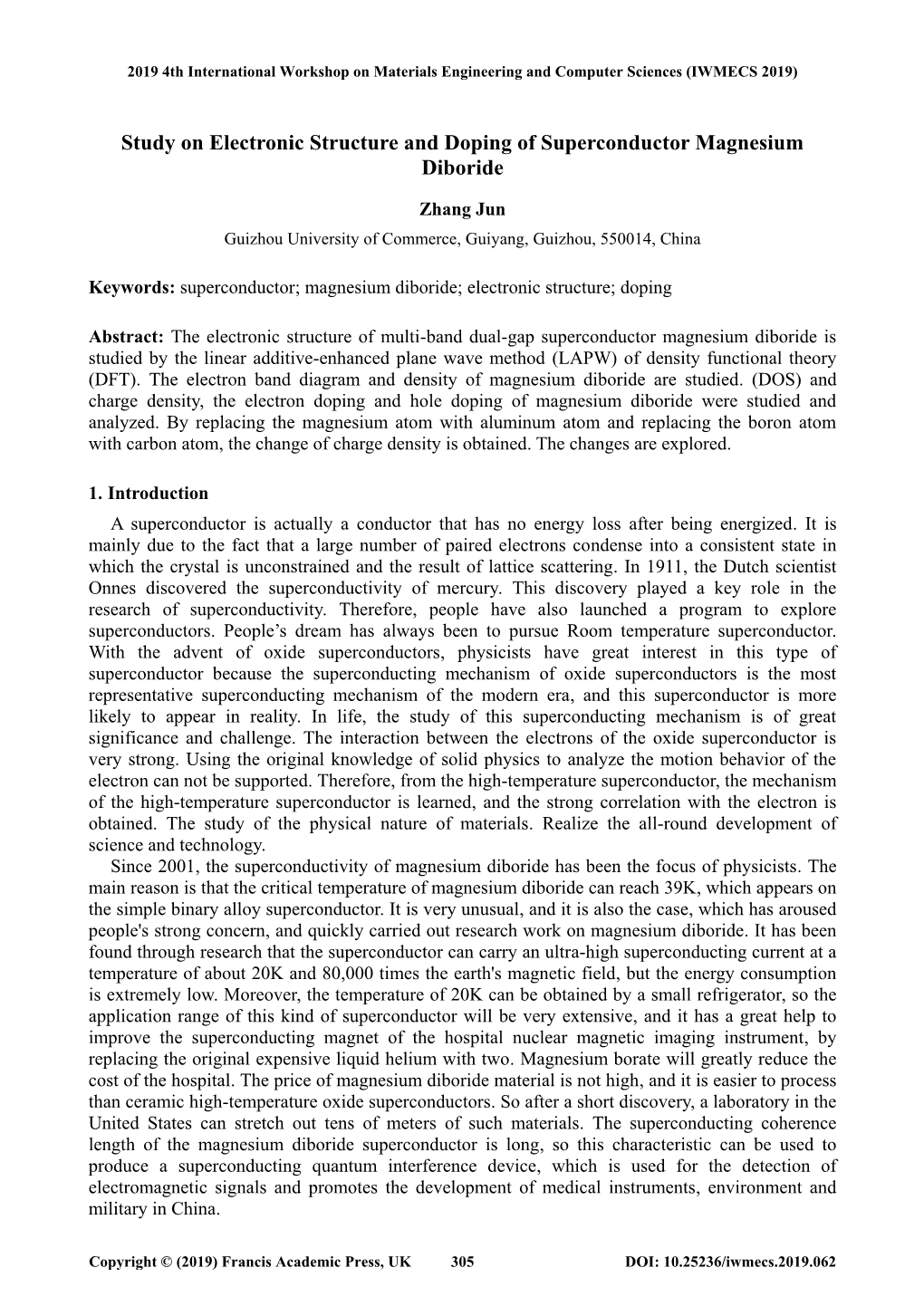 Study on Electronic Structure and Doping of Superconductor Magnesium Diboride