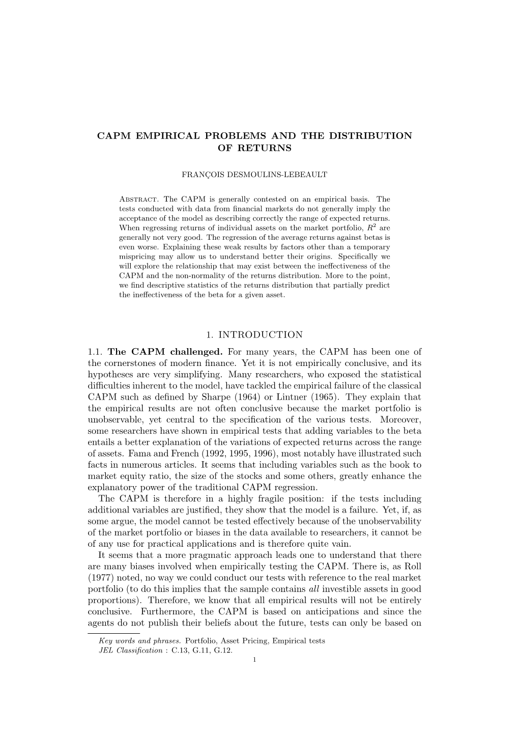 Capm Empirical Problems and the Distribution of Returns