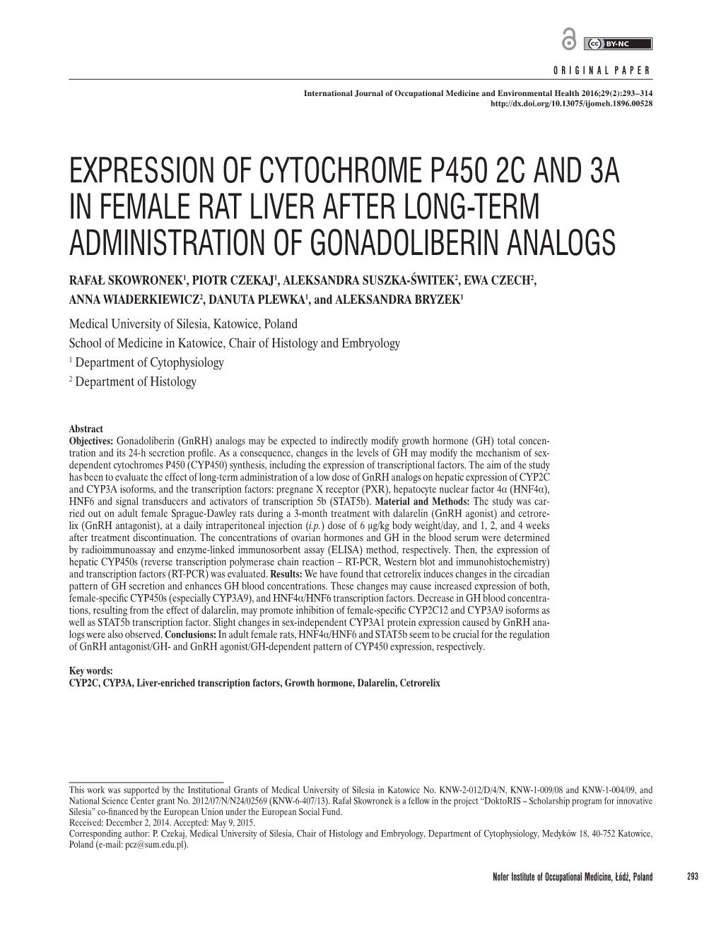 Expression of Cytochrome P450 2C and 3A in Female Rat