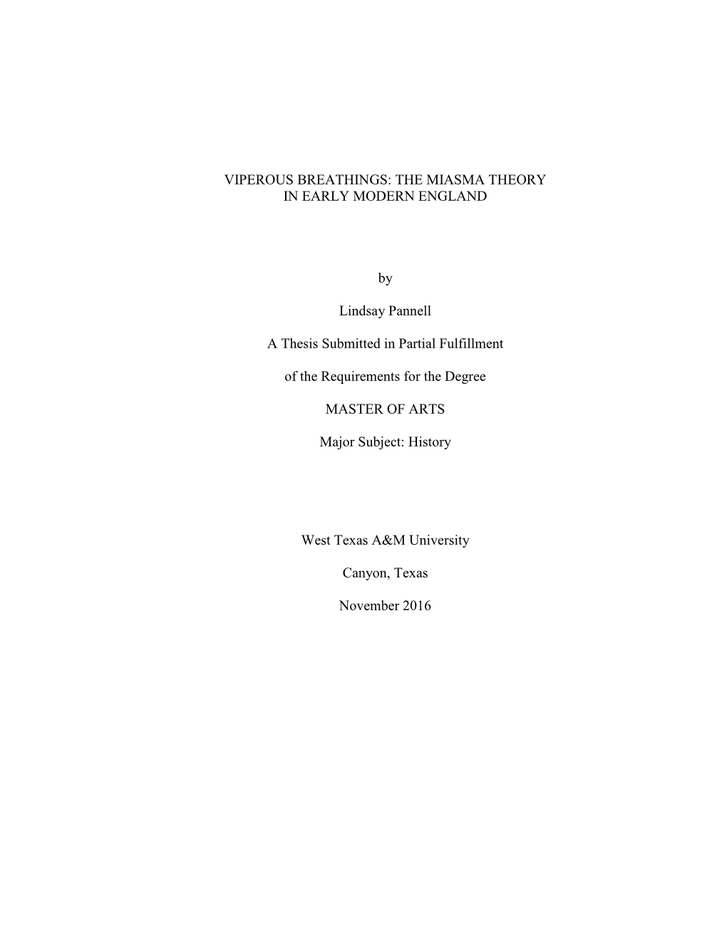 Viperous Breathings: the Miasma Theory in Early Modern England