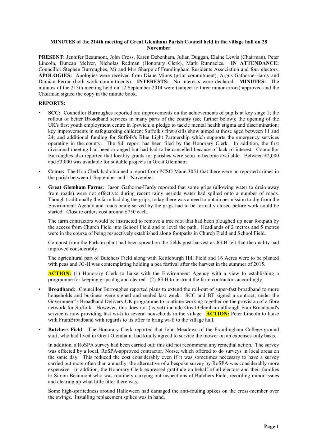 MINUTES of the 214Th Meeting of Great Glemham Parish Council