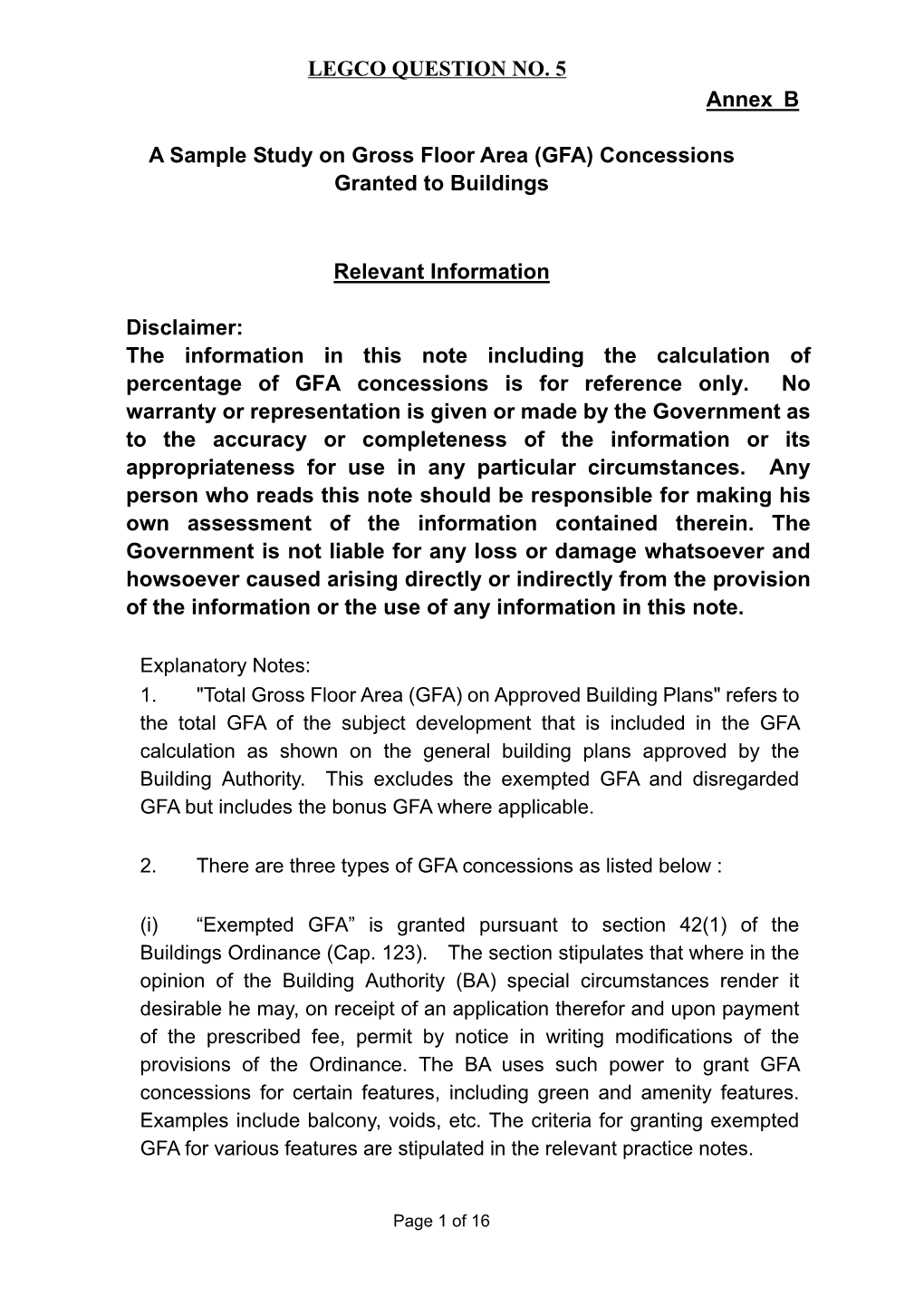 A Sample Study on Gross Floor Area (GFA) Concessions Granted to Buildings