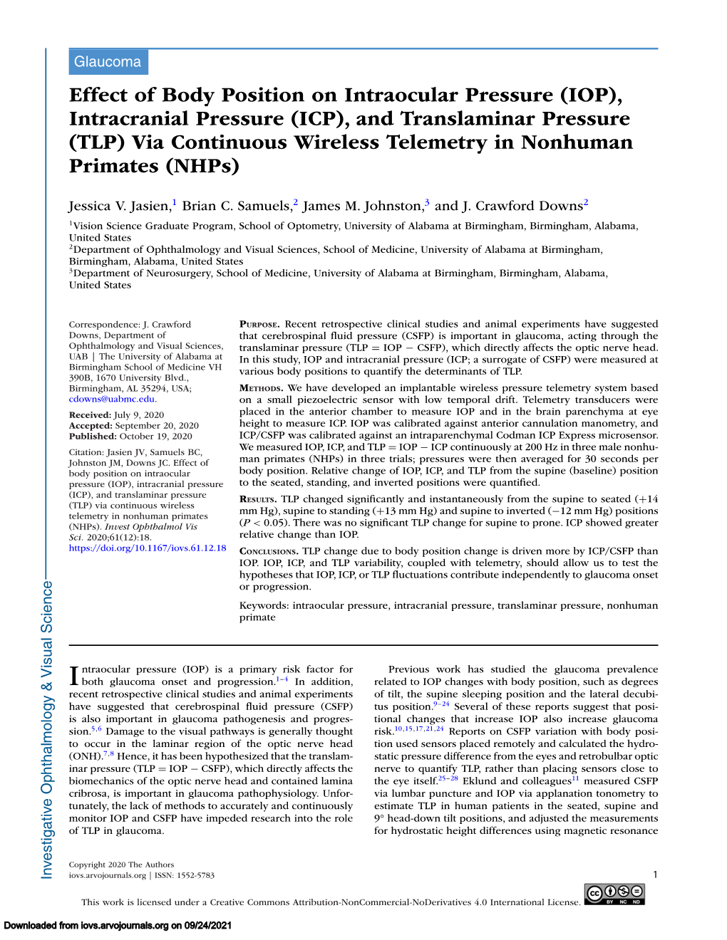 IOP), Intracranial Pressure (ICP), and Translaminar Pressure (TLP) Via Continuous Wireless Telemetry in Nonhuman Primates (Nhps)