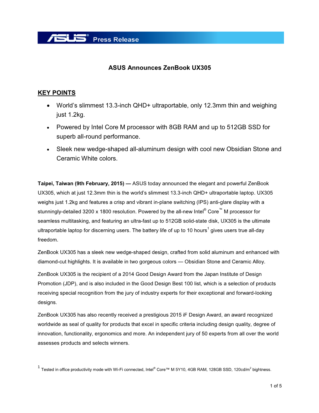 ASUS Announces Zenbook UX305 KEY POINTS • World's Slimmest