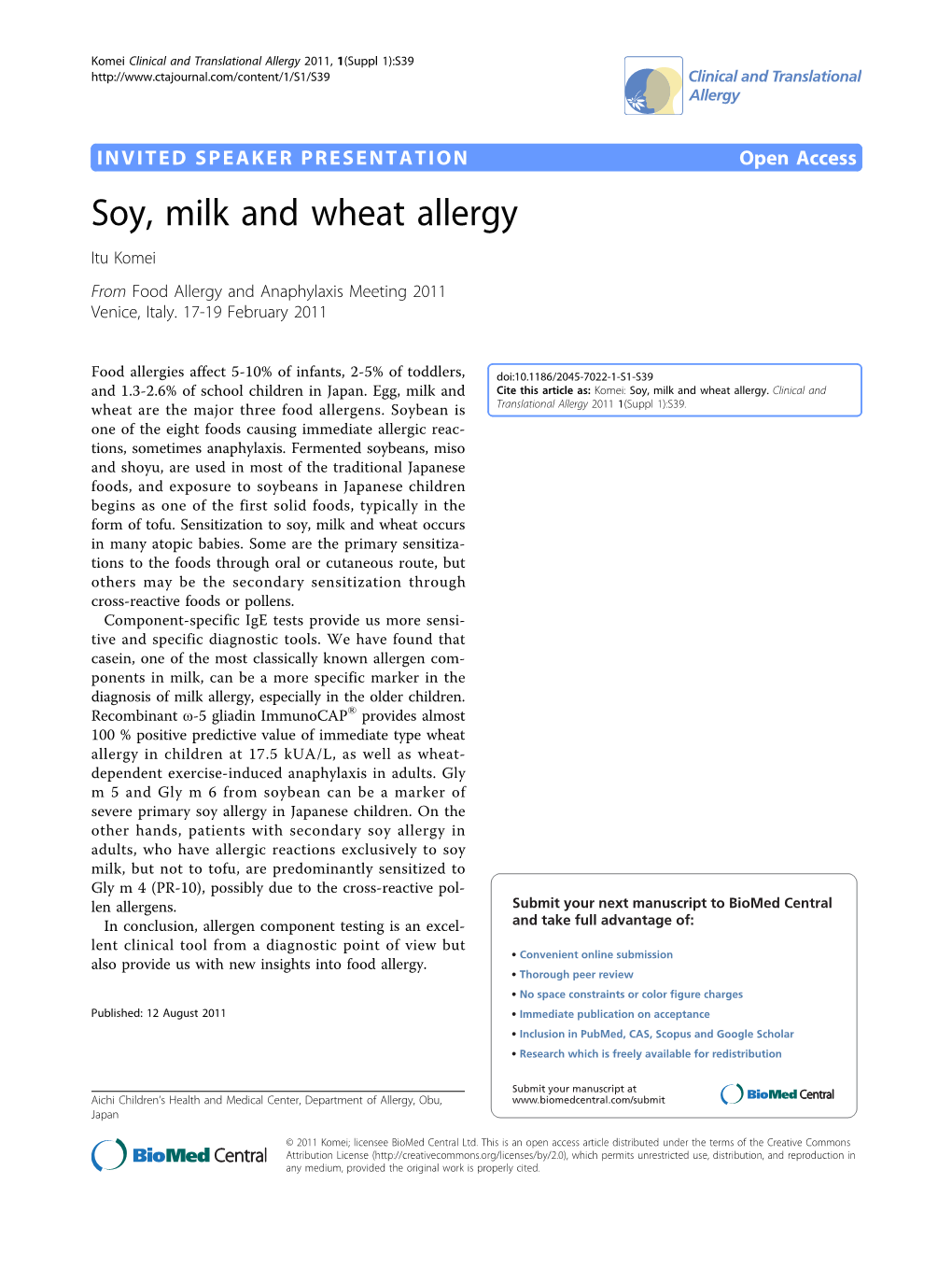 Soy, Milk and Wheat Allergy Itu Komei from Food Allergy and Anaphylaxis Meeting 2011 Venice, Italy