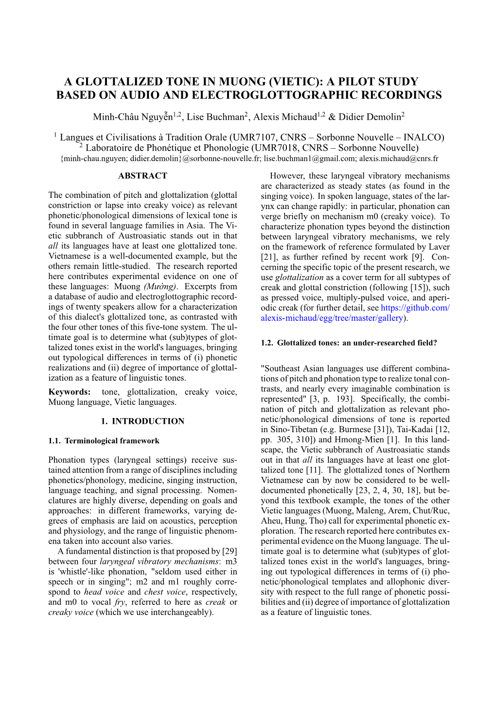 A Glottalized Tone in Muong (Vietic): a Pilot Study Based on Audio and Electroglottographic Recordings