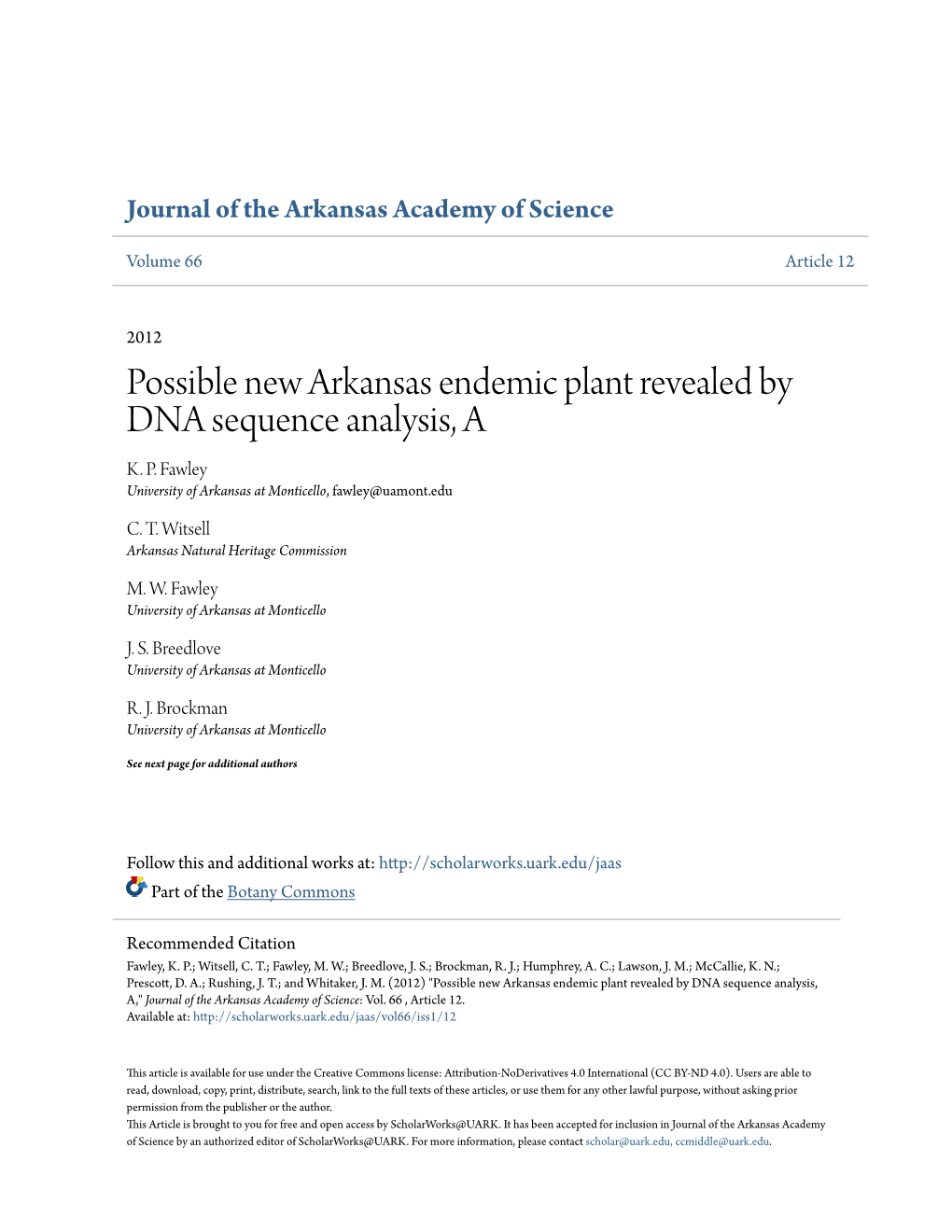 Possible New Arkansas Endemic Plant Revealed by DNA Sequence Analysis, a K